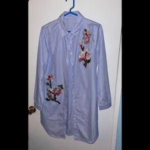 Blue and White Pinstripe Long Sleeve Button Down With Flower Detail